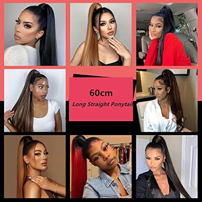 Goodern Straight Ponytail Extensions Natural Long Ponytails Highlights Ponytail Hair Extensions Hair Piece Wrap Synthetic Hairpiece Ponytails Hairpieces Wrap Around for Women Girls 60CM 120G-Black - Image 3